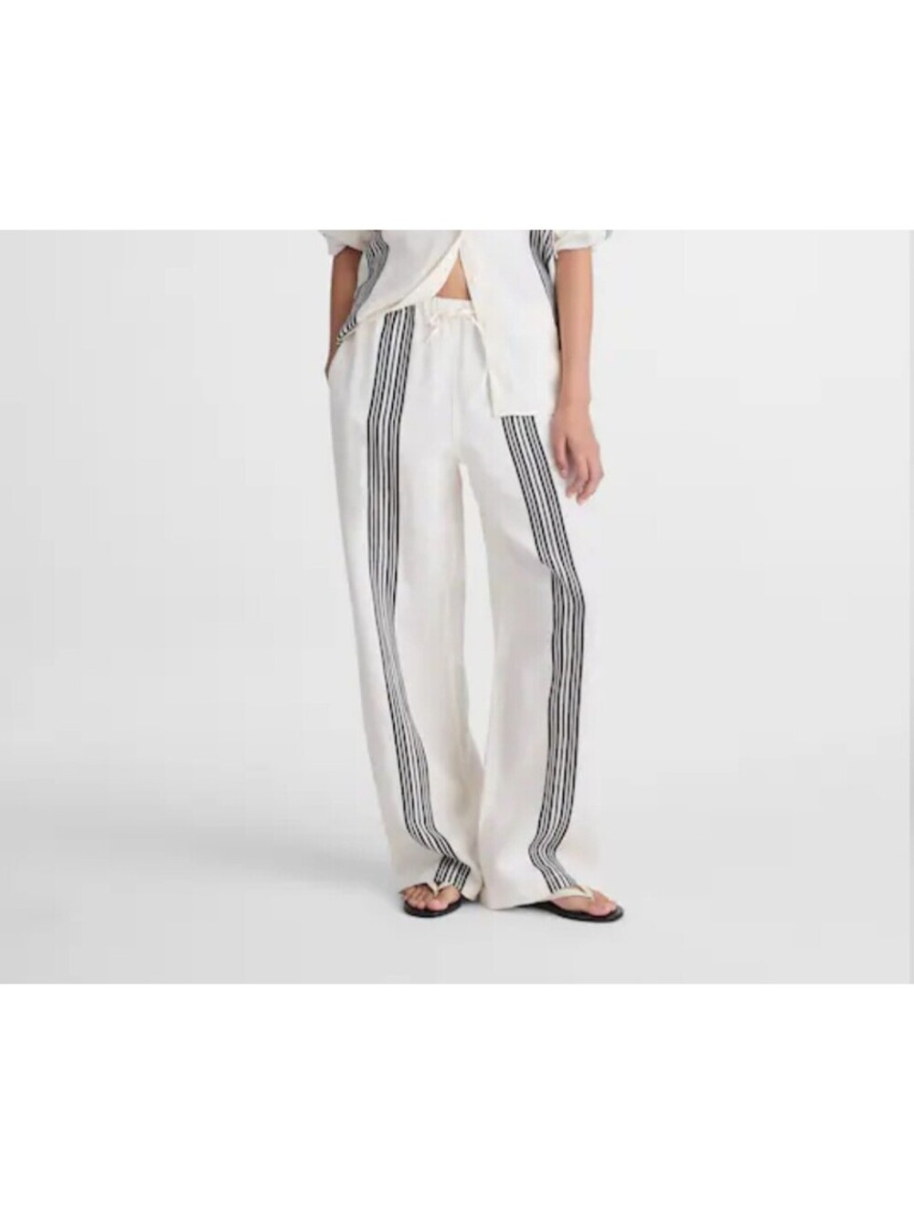 Madewell pull on white pants L linen blend bold stripe black NWT $98